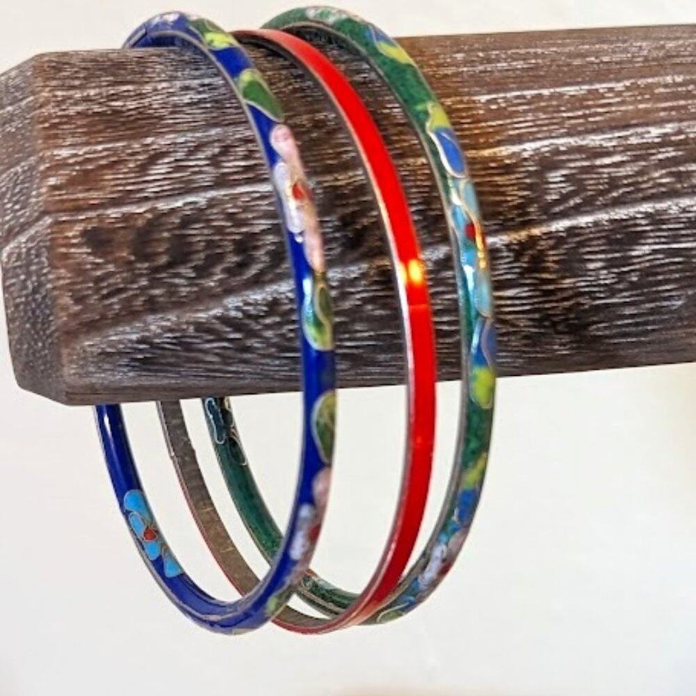 Vintage Bangle Bracelets Two Cloisonne and One Red Enamel